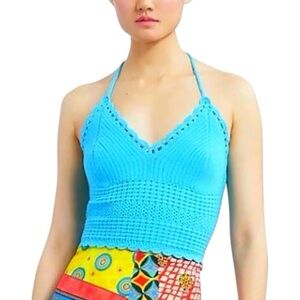 Alice + Olivia Blue Crochet Halter Top